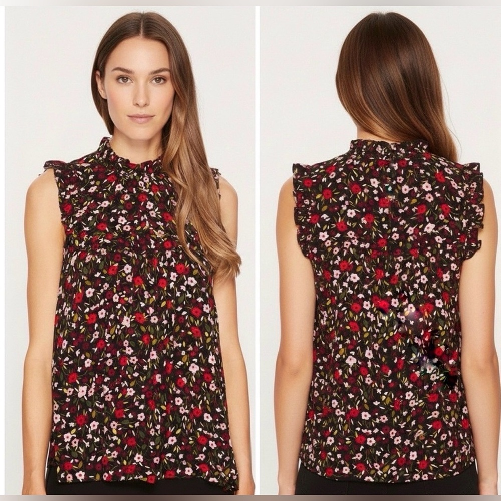 Kate Spade New York Black Floral Ruffle Sleeveless Blouse, Size Large